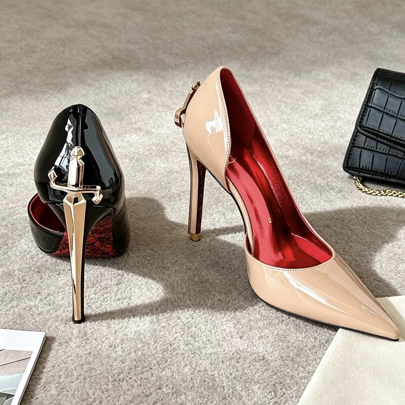 [Anna Anna] Metal Scepter High-Heeled Shoes for Women, Thin Heels, Printed Red Soles, Pointed Toe, Side Cutout Patent Leather Shoes