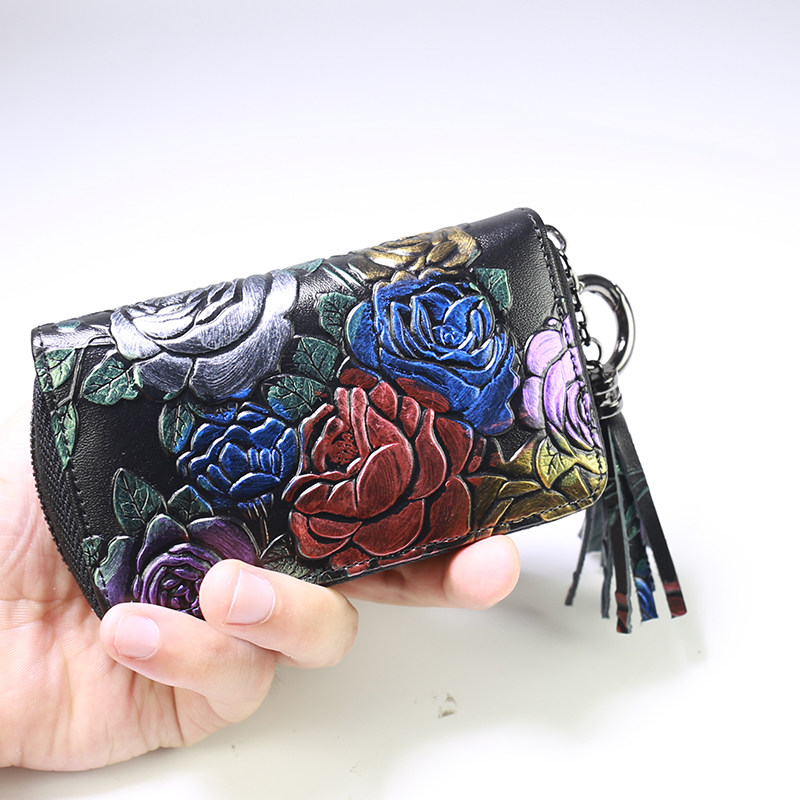 Cowhide key bag female celebrity style rose pattern large capacity pull chain card bag car multi-function keychain double row