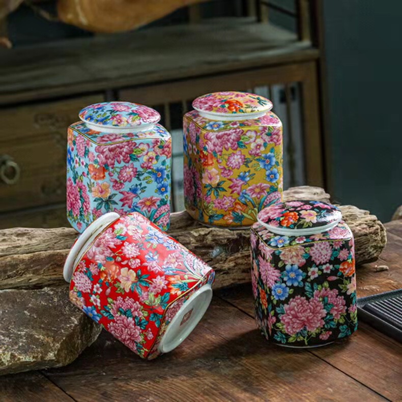 Enamel Multi-Flower Ceramic Square Tea Canister Sealed Jar Ornament Moisture-Proof Household Specialty Gift Multi-Flower Porcelain Jar Enamel Multi-Flower Ceramic Square Tea Canister Sealed Jar Ornament Moisture-Proof Household Specialty Gift Multi-Flower Porcelain Jar