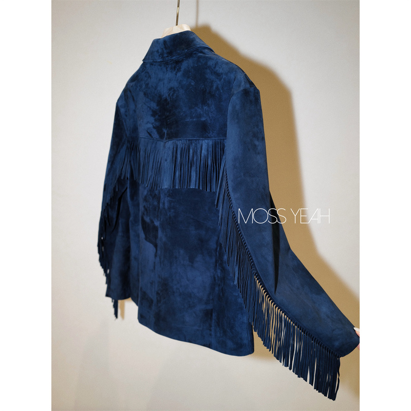Moss Ye Mixed Sheep Suede Vintage Navy Blue Fringed Blazer Leather Jacket