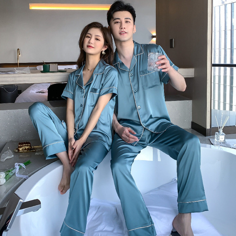 Japanese ice silk couple pajamas women's short-sleeved silk trousers thin section high-quality mulberry silk men's plus-size home clothes