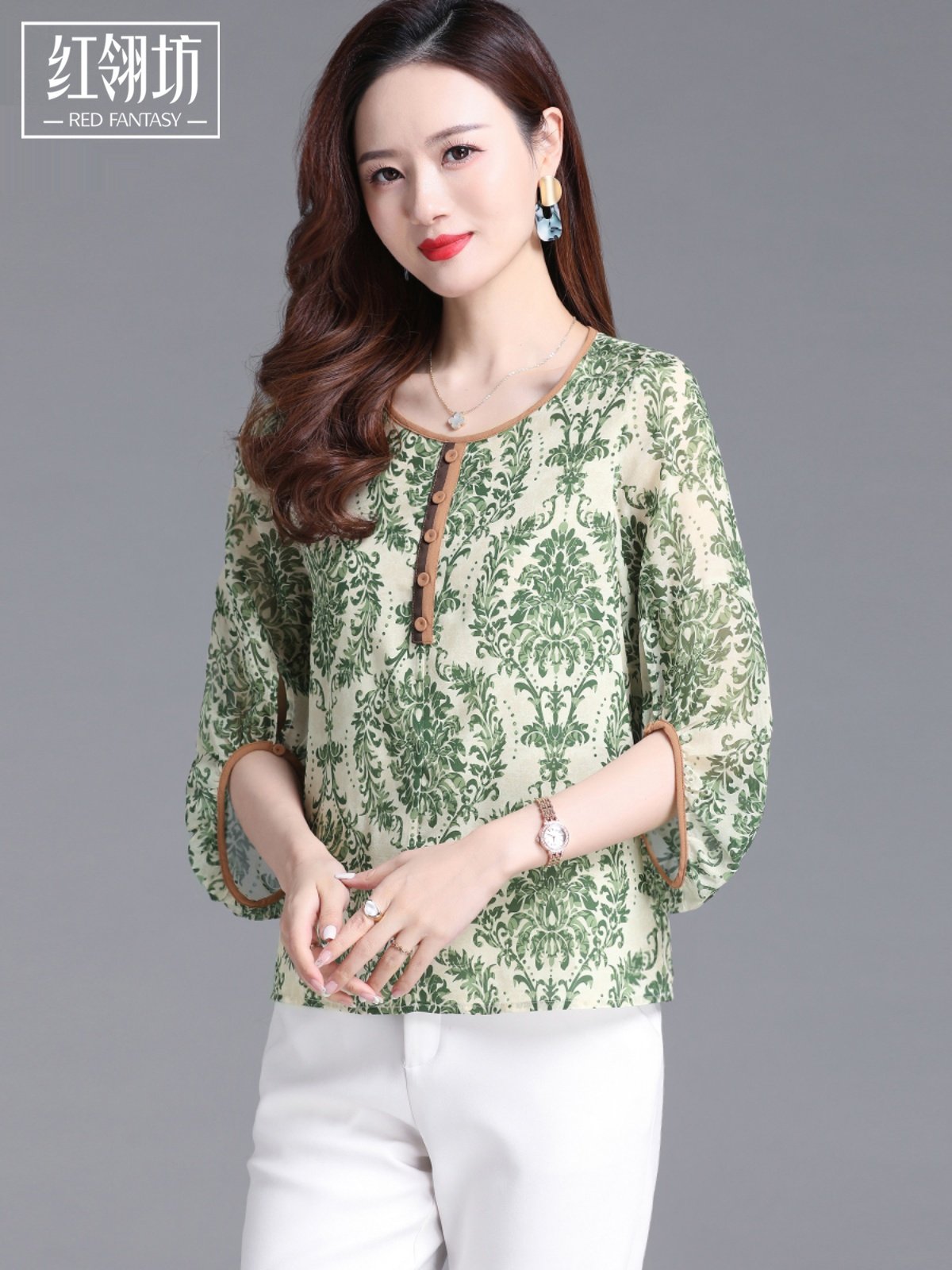 妈妈级优雅必备：红翎坊2025夏季真丝印花衬衫_真丝上装_淘宝服装网, image size:1200x1600