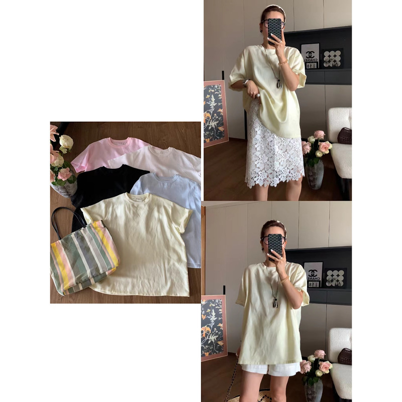 【Yy Studio】Berlin Scroll Summer Linen Fashion Solid Color Loose Slimming Round Neck Top