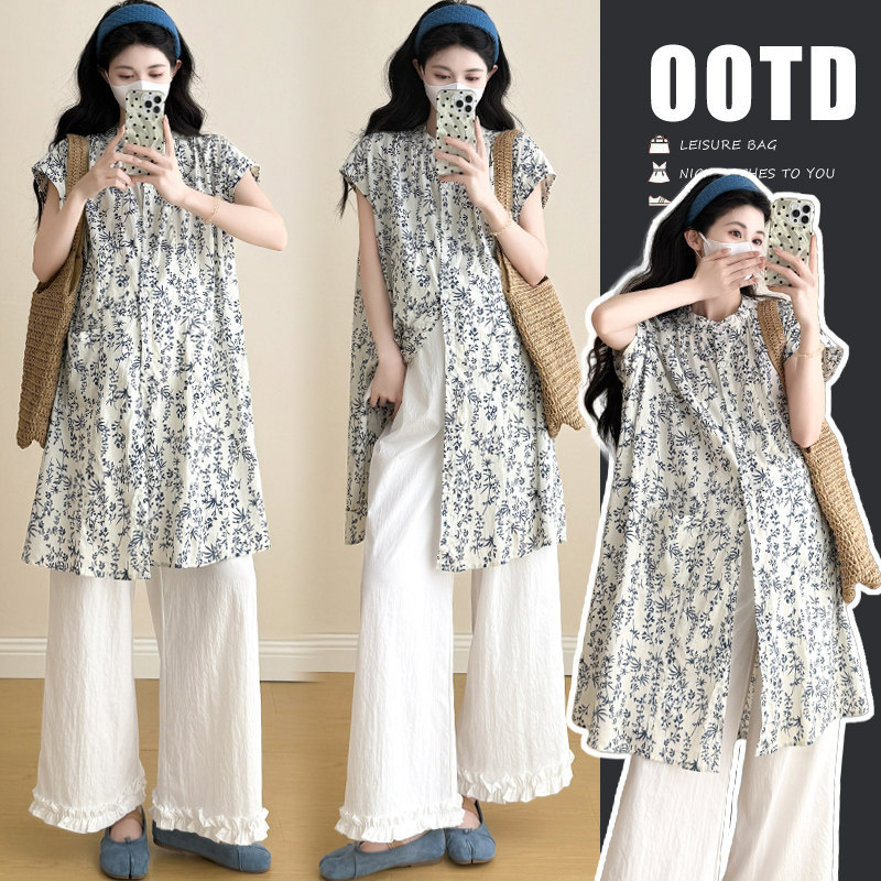 Maternity Summer Dress 2026 New Trendy Mom Pregnancy Outfit Floral Short-Sleeved Dress Wide-Leg Pants Summer Set