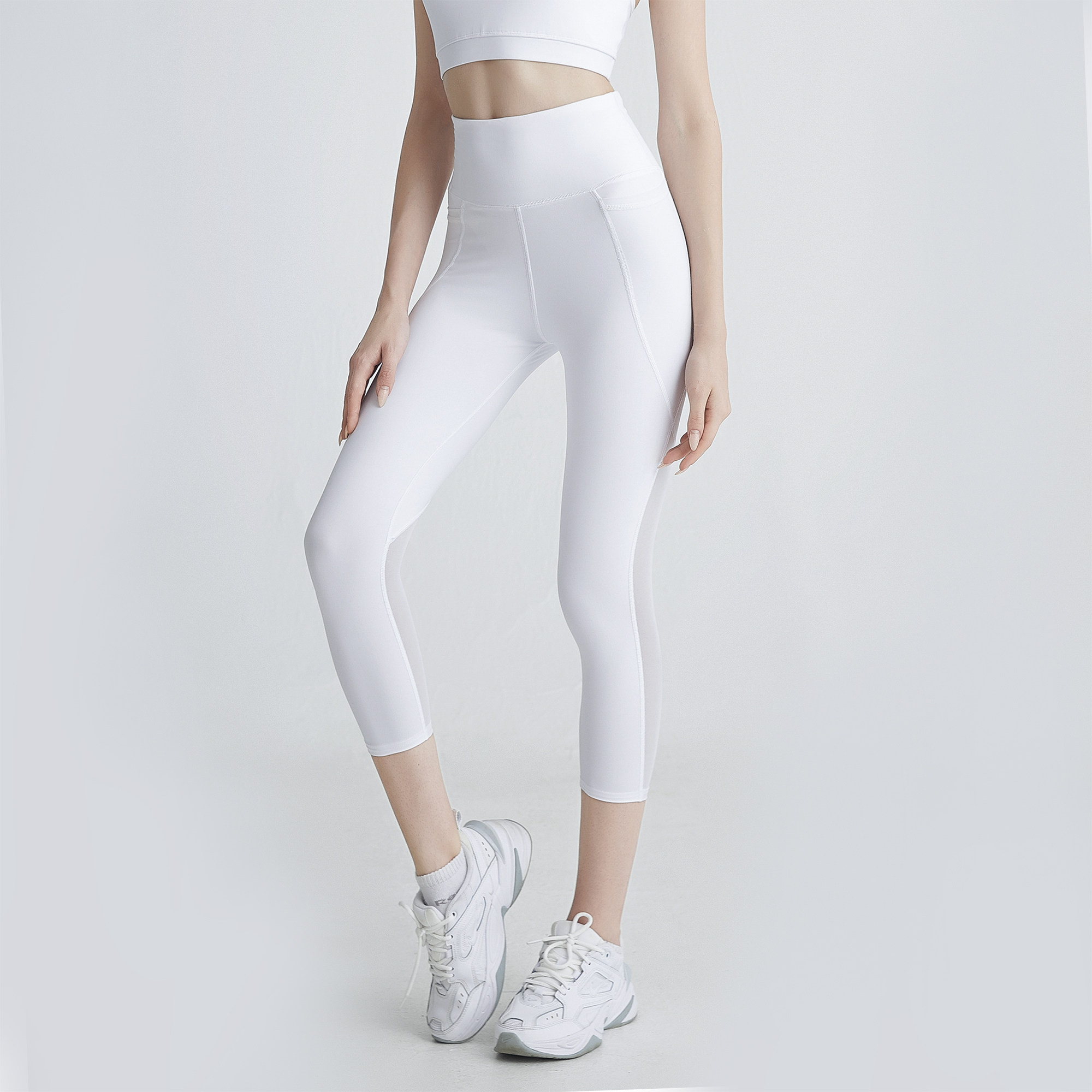 VH Fuhuo white yoga pants women's mesh splicing quick-drying breathable seven-point fitness middle pants running high waist hip-lifting pants