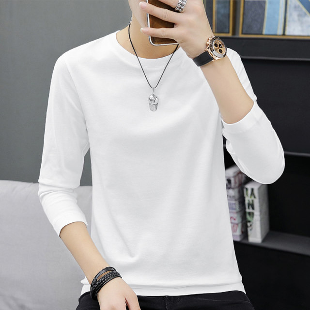 Heavyweight pure cotton long-sleeved T-shirt for men, solid white, velvet thickened autumn and winter bottoming shirt, warm cotton autumn coat