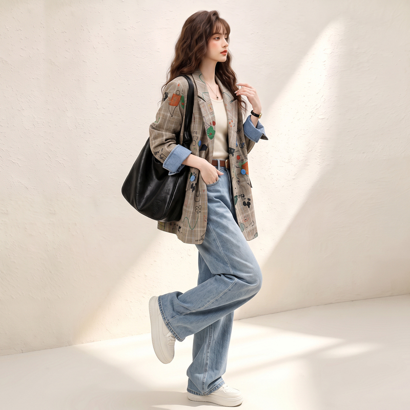 This Year's Trendy Graffiti Plaid Blazer for Women, Spring and Autumn 2026 New Style, Unique British Style Design Small Suit