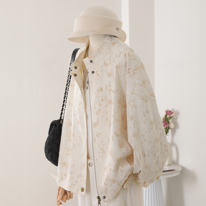 Off-White Tie-Dye Printed Chanel-Style Jacket for Women, Spring 2026 New Model, Petite Casual Versatile Stand-Collar Short Jacket