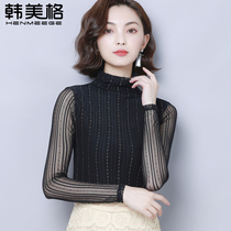 Semi-high collar autumn new womens size black interior net gauze base shirt slim long sleeve T-shirt lace top