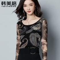 Han Mege Spring and Autumn New Mesh base shirt Women Long Sleeve Round Neck Slim T-shirt