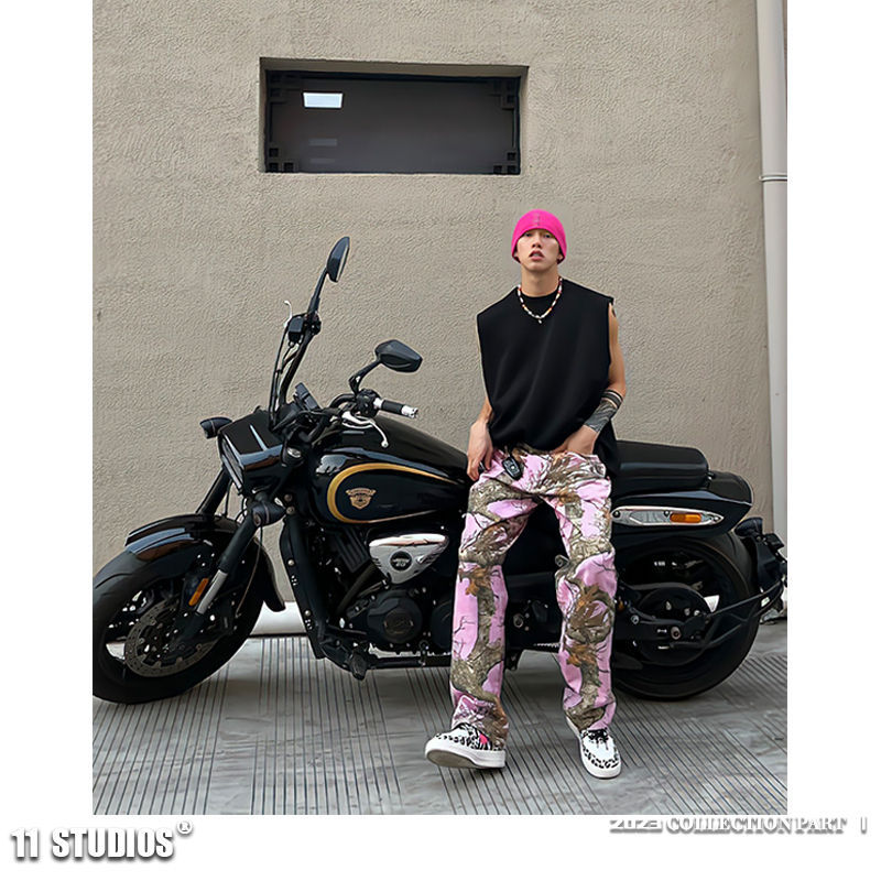23S Co-Branded Pink Fallen Leaves Maple Leaf Branch Casual Pants Retro Design Skateboard Jeans Same Style as Wang Jiaer