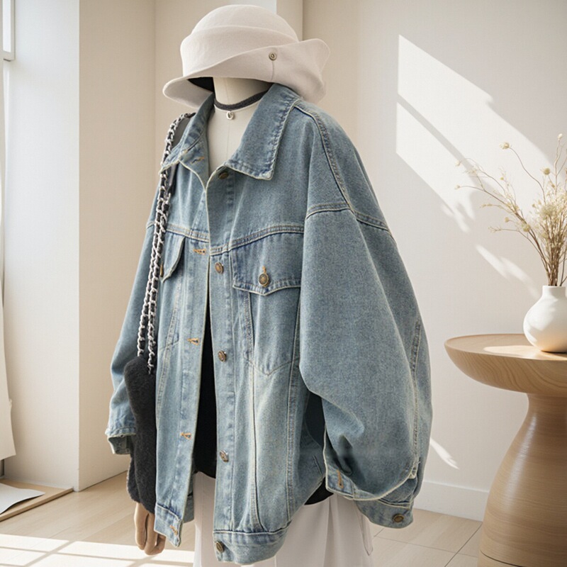 Hong Kong Style Washed Blue Denim Jacket for Women, 2026 New Trendy Spring Design, Korean Style Loose Fit, Slimming Top