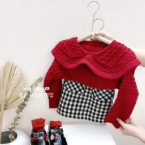 2020 Korean autumn girls Korean western style sweet temperament pullover big red sweater plaid short skirt suit
