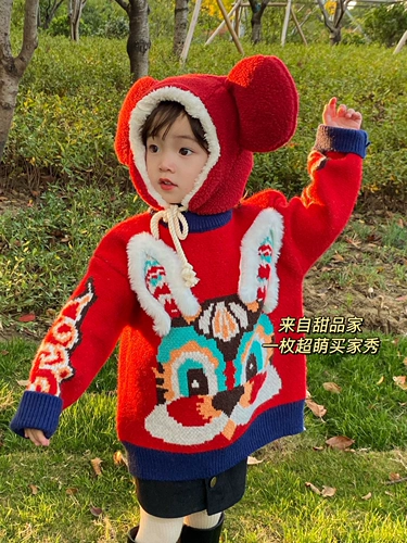 Демисезонный свитер, детский трикотажный приятный телу кролик для мальчиков, увеличенная толщина, в западном стиле