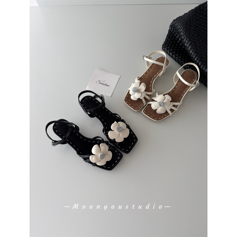 Moonyou Sheepskin Square Toe Flower Open-Toe Sandals Women's Fairy Style Beach Versatile Soft Sole High Heels