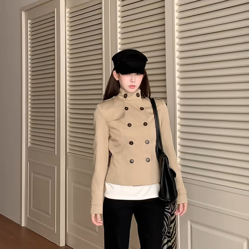 British Style Double-Breasted Stand-Collar Short Trench Coat 2026 New Model Trendy Hot-Selling Women's Khaki Top British Style Double-Breasted Stand-Collar Short Trench Coat 2026 New Model Trendy Hot-Selling Women's Khaki Top