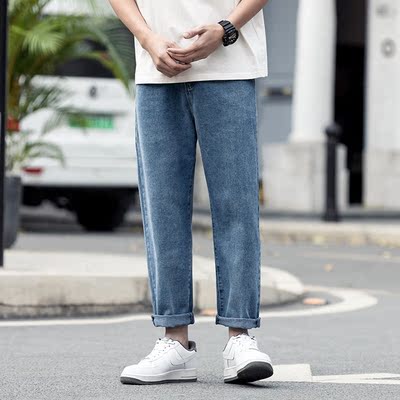 小阔腿裤牛仔裤男宽松直筒蓝色青少年男生长裤子老爹裤夏季新款