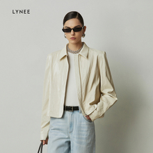 LYNEE contrasting color modern PU environmentally friendly leather jacket classic shirt collar short jacket women's fashionable temperament versatile