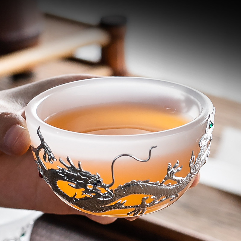 Huiyao Inlaid Silver White Porcelain Jade Porcelain Tea Cup High Temperature Resistant Thickened Glass Teacup Glass Jade Jianzhan Master Cup Single Cup