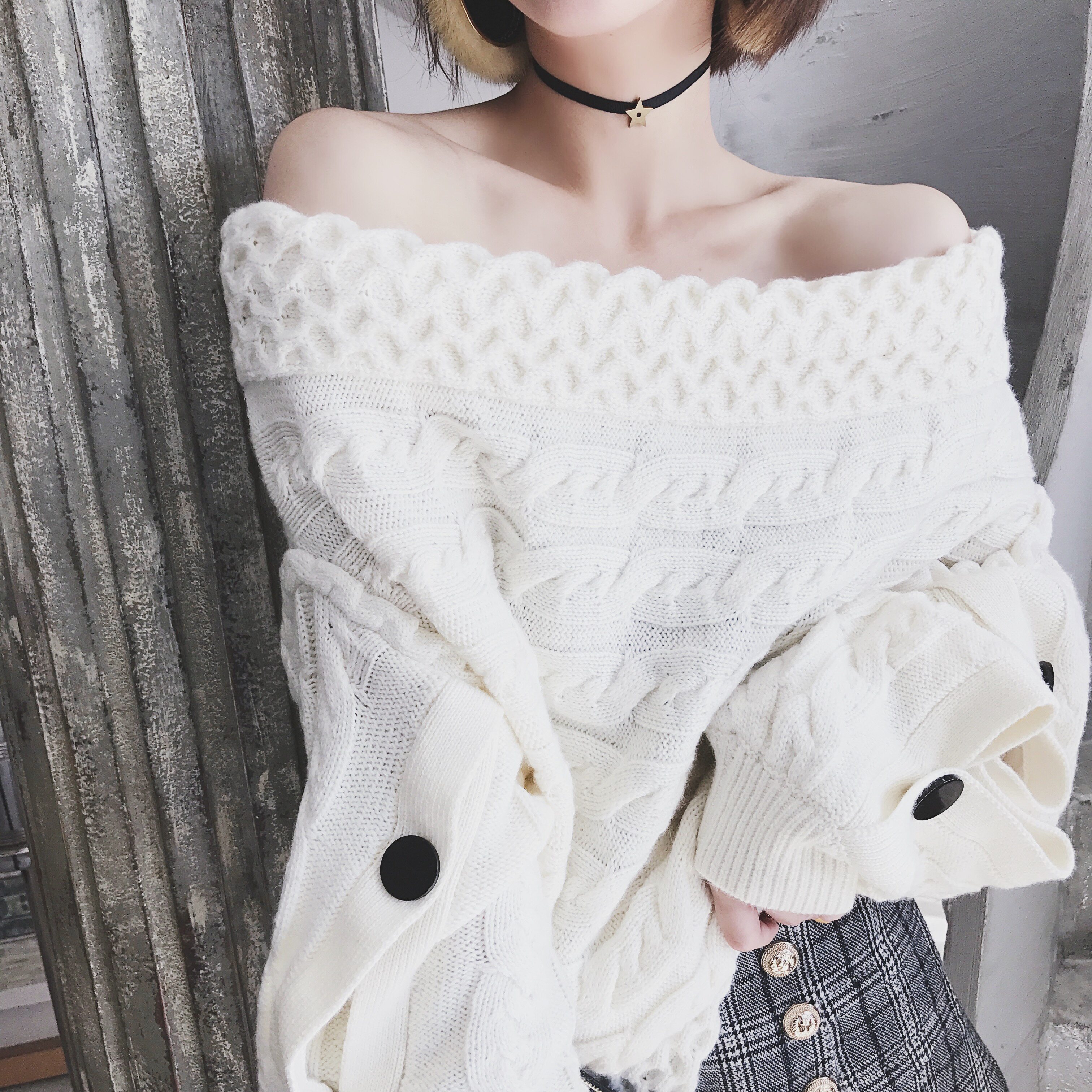 @ZY喜哥 chic一字肩上衣羊毛衫气质镂空毛针织衫甜美一字领毛衣女