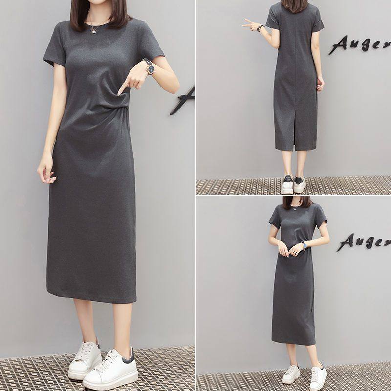 Summer Ocean Dress Woman 2020 Short sleeves Fat sister loose large size for waist display slim round collar T-shirt with long dress