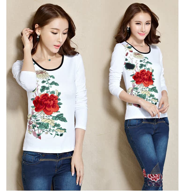 Mùa thu mới gió quốc gia nữ trang trí cơ thể thêu áo thun dài tay nữ chạm đáy áo sơ mi retro in hoang dã áo polo nữ tay lỡ
