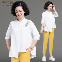 Mother Summer Clothing Blouse Two Suits Foreign Air 2022 New 50-year old woman Summer embroidered snowspun shirt
