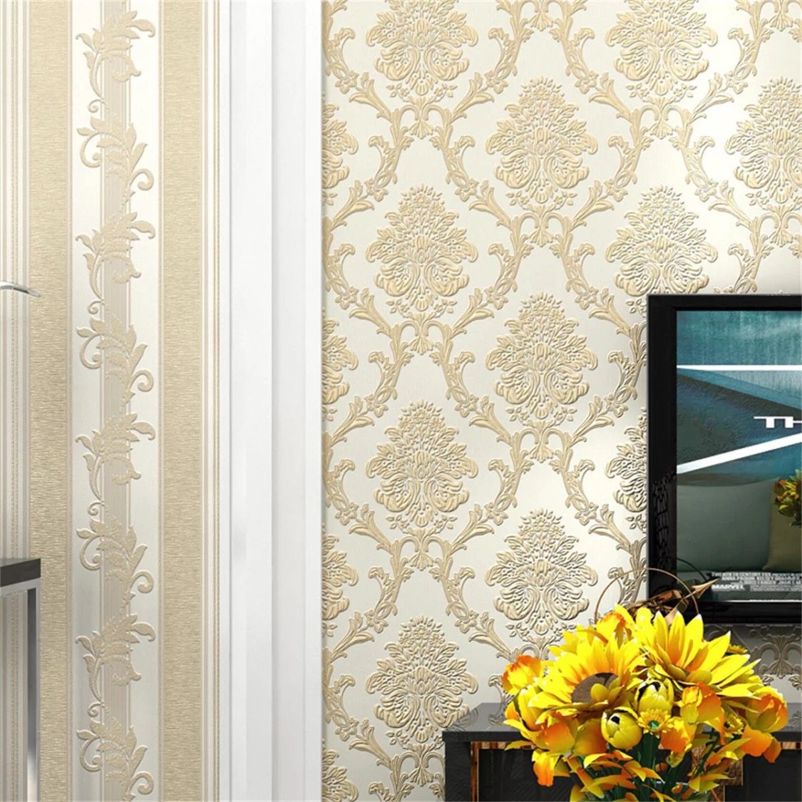 歐式高端3d加厚不織布壁紙家用裝修背景牆臥室客華非自粘藍色壁紙