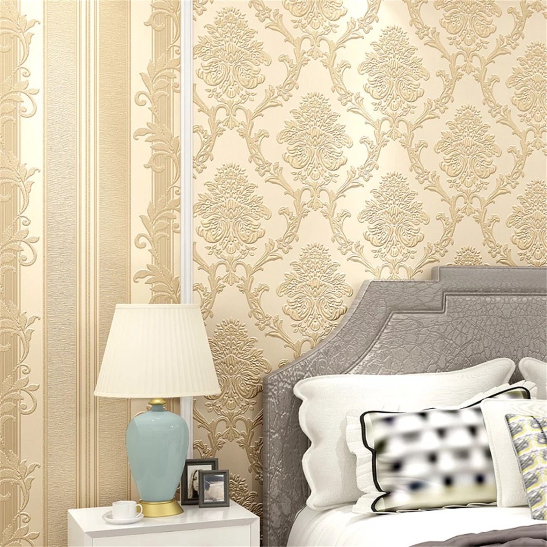 歐式高端3d加厚不織布壁紙家用裝修背景牆臥室客華非自粘藍色壁紙