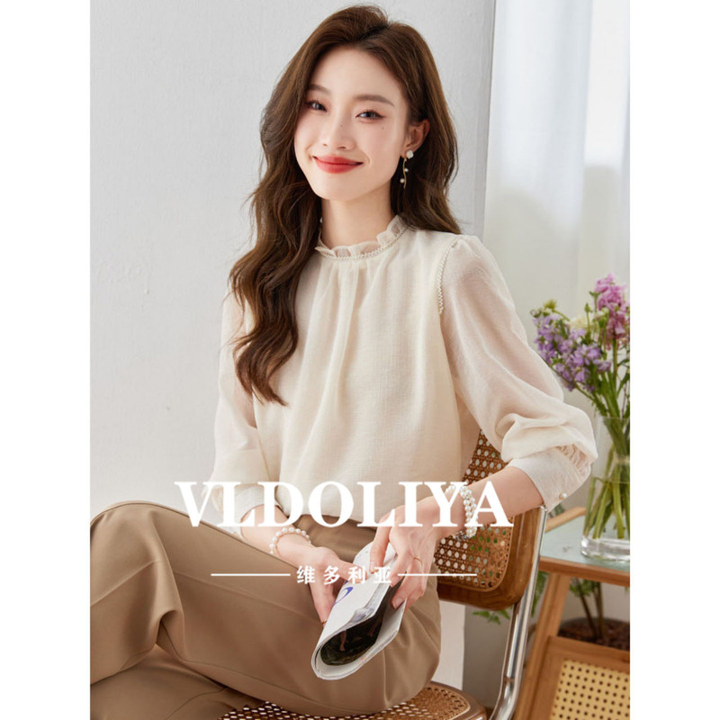 Vldoliya Victorian French-Style Chiffon Top for Women 2026 Spring and Autumn New Long-Sleeve Chic White Shirt