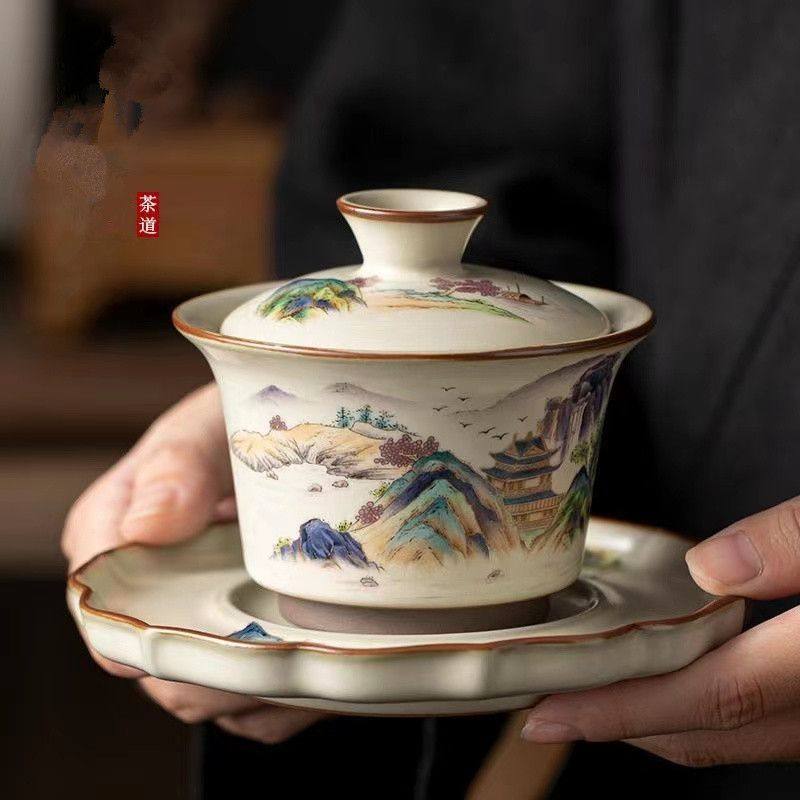 National Treasure Kiln Zhou Yi Lin Hands for ivory Yellow Thou purple gold Mountain Three-only cover Bowl Tea Lid Bowl for Courtesy Tea Set-Taobao
