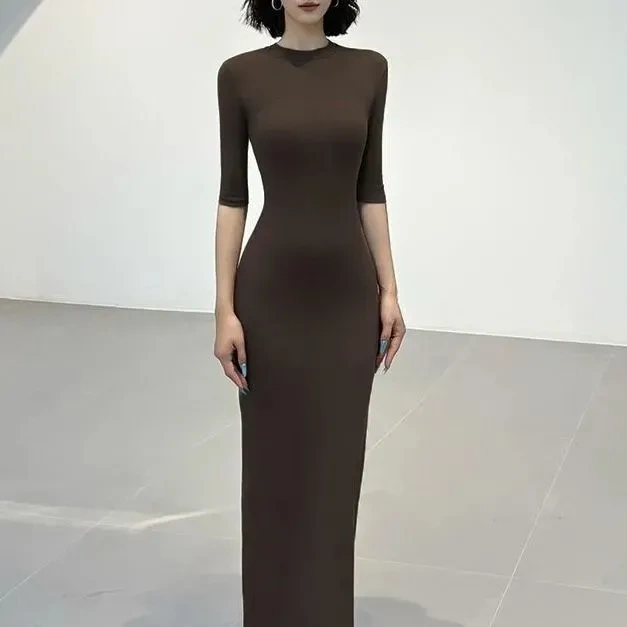Navy Blue 2025 Autumn New Style Round Neck, Straight Shoulder, Waist-Cinching, Slimming Mid-Sleeve Dress, Long Base Dress