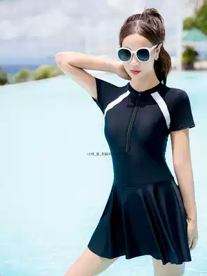 2021 new swimsuit ladies professional sports one-skirt style flat corner conservative thin belly cover diving short sleeve hot spring