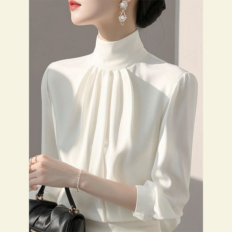 Korean Style Unique and Super Stylish White Solid Color Turtleneck Three-Quarter Sleeve Shirt for Women 2025 Spring New Top