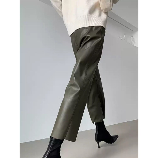 欧洲站2025秋冬新款真皮皮裤绵羊皮皮裤橄榄绿直筒九分女气质长裤