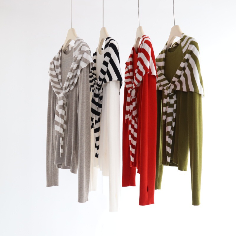 Fine Knit 10% Wool Fingerless Round Neck Base Sweater + Striped Color-Block Triangle Shawl Two-Piece Set for Autumn