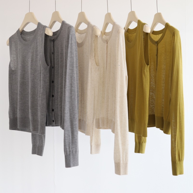Tencel Linen Elegant Simple Long-Sleeved Single-Breasted Knitted Cardigan Jacket + Round Neck Vest Two-Piece Set for Women