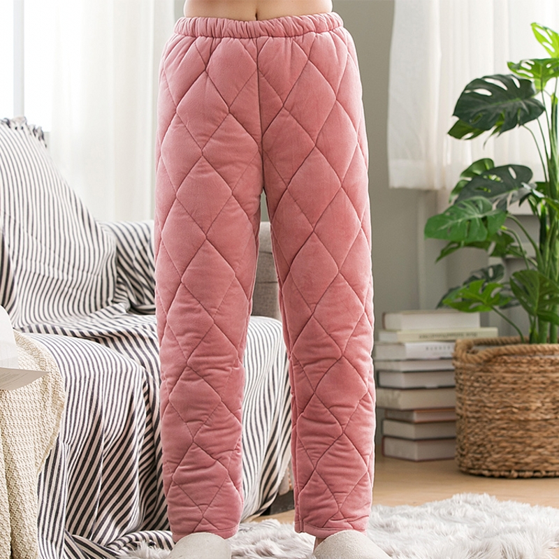 Pajama pants women's winter three-layer thickened plus velvet coral fleece quilted pajama pants flannel large size warm home cotton pants