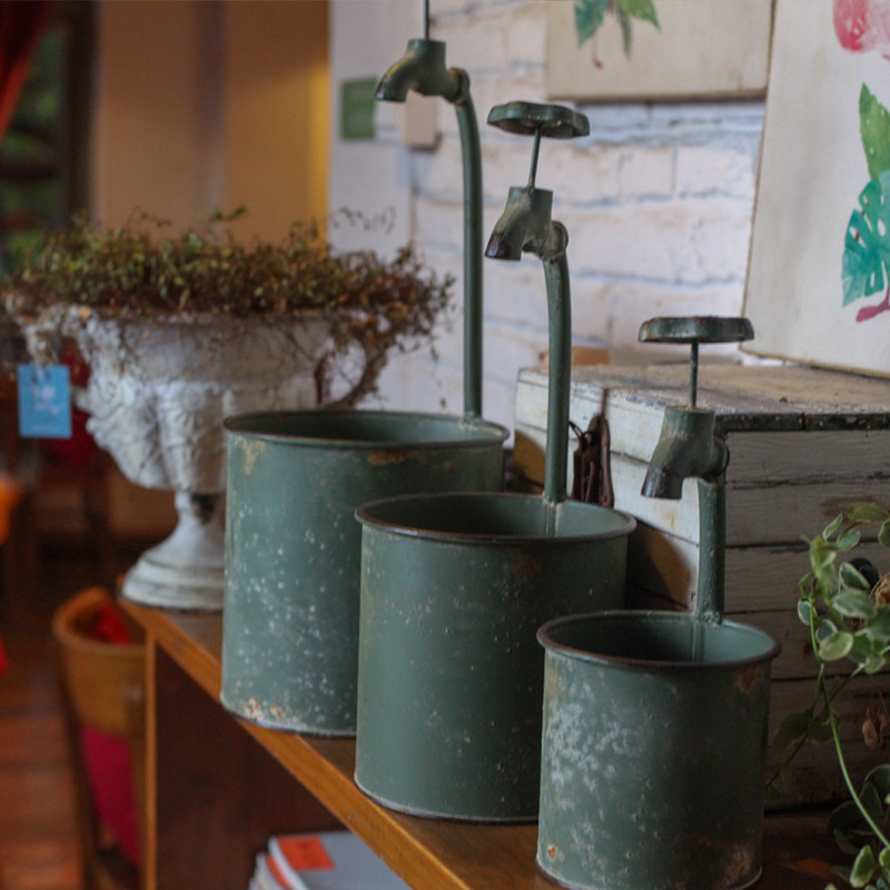 Foreign Trade Garden Grocery - Retro made old army green tap decorated cylindrical flower pot home garden creative flower