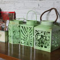 Foreign trade solitary-Mediterranean turquoise elegant iron glass cover candle holder hanging wind lamp garden living room ornaments