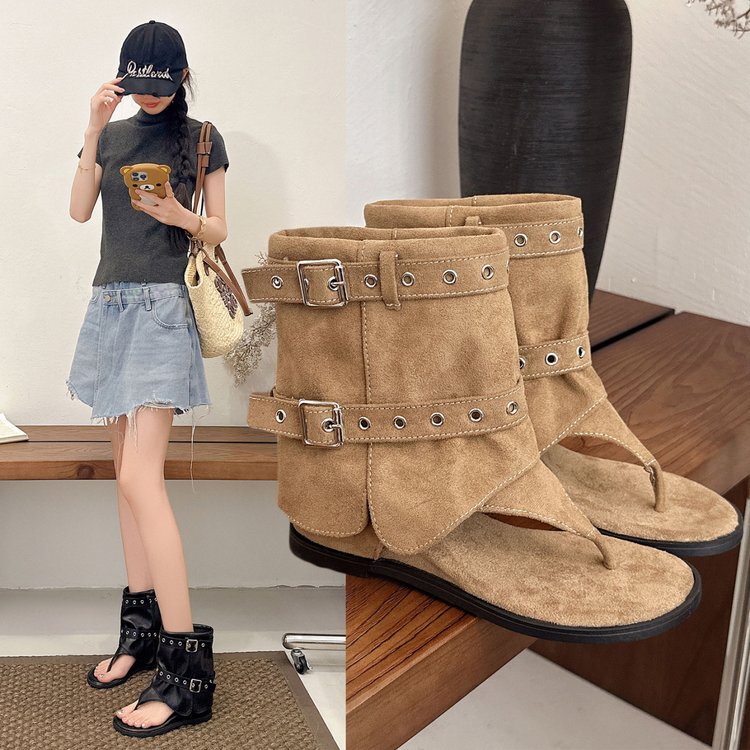 Retro Thong-Toe Western Sandals for Women, 2026 Summer New Style Mid-Calf Boots, Casual Flat Versatile Fashion Short Boots