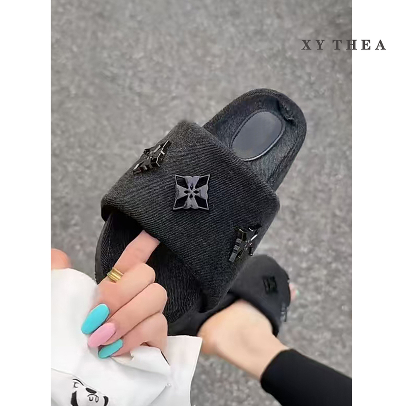 Denim Cross-Pattern Platform Flip-Flops for Women, Summer Outdoor Wear, 2026 New Style, Vacation Casual Sandals