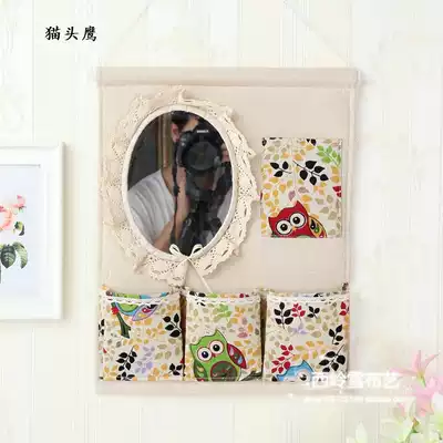 Cotton and linen hanging bag multi-layer storage bag wall door rear hanging bag storage hanging with mirror creative dressing bag