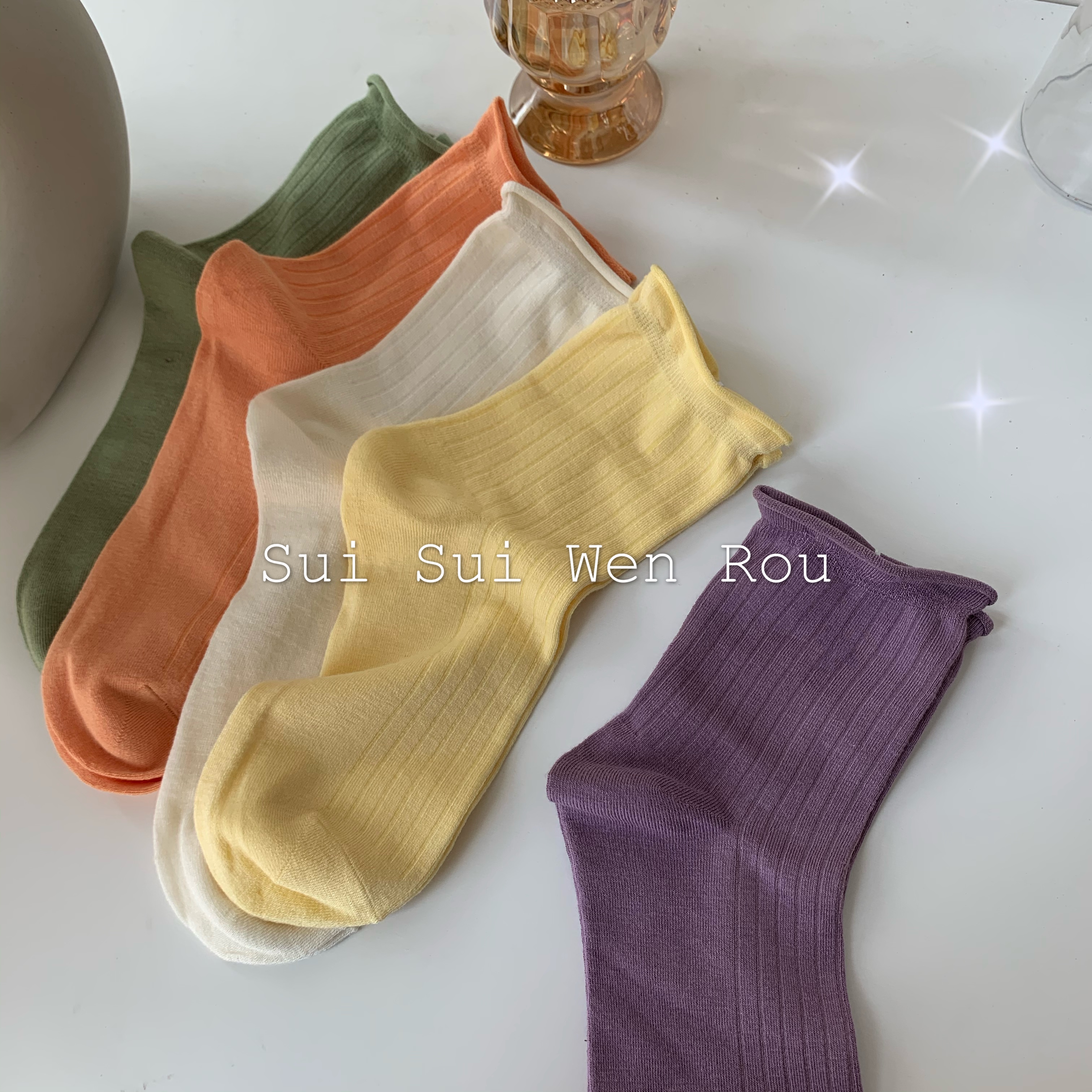 Year-Year-Old Gentle Cherry Blossom Grass Korean Version Insinx Silk Creamy Curled Thin Socks Milk Oil Color Ensemble Socks Summer Thinly