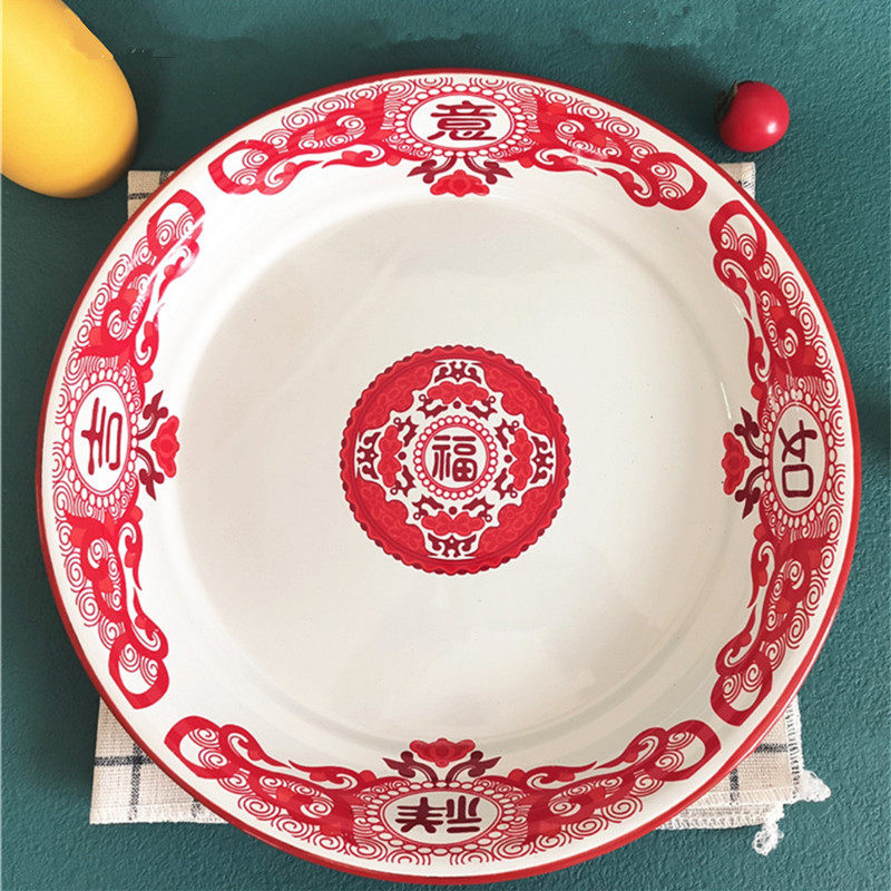 Old tea tray thickened enamel tea tray Water dumplings large pan Chicken iron Porcelain Nursery Tray Soup Pan Fish Pan Water Fruit Pan Flower Tray