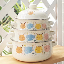 Enamel enamel bowl baby food supplement Bowl double ear soup pot cartoon cute Rice Bowl Mini tableware with lid