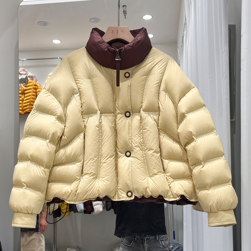 Original Designer Style New National Standard 90% White Duck down Short Fashion Color-Blocked Puffer Stand Collar Thick down Jacket for Petite Sizes