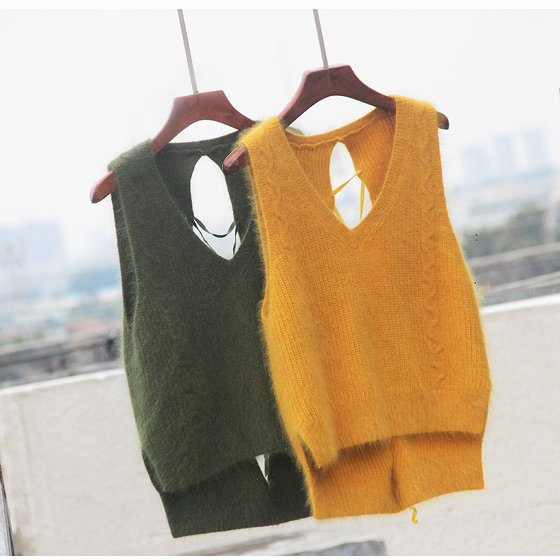 Mùa xuân 2019 áo len mới của phụ nữ dây buộc ren không tay áo len ngắn lông thỏ dệt kim vest vest áo lông vũ