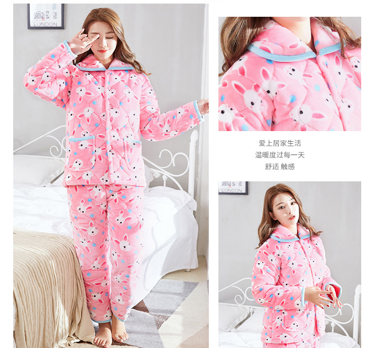 Bộ đồ ngủ nữ mùa đông dày ba lớp Bộ đồ ngủ bằng vải flannel nhung nhung mặc áo khoác cotton cỡ lớn dễ thương để giữ ấm bộ đồ the thao nữ hàng hiệu