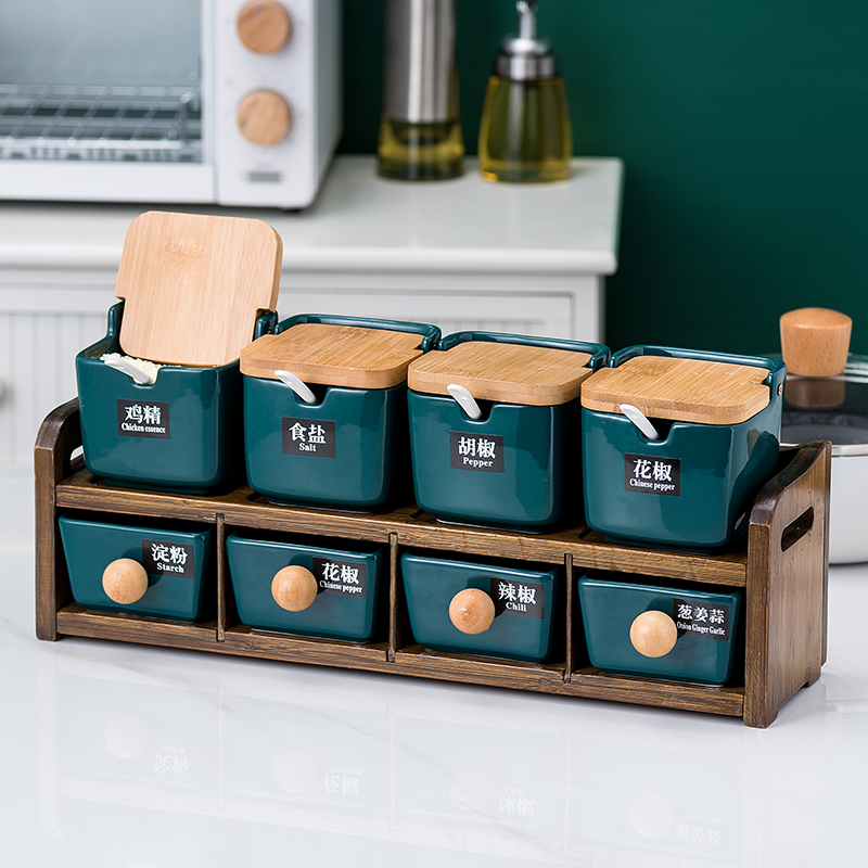 Kitchen rack combination ceramic salt sugar monosodium glutamate home seasoning bottle seasoning jar double-layer seasoning box set